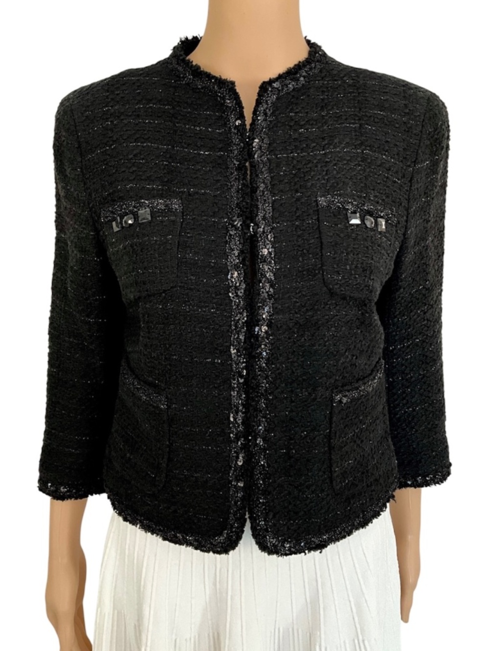 Zara Woman Black Tweed Blazer Chanel Style Sequin Size 8